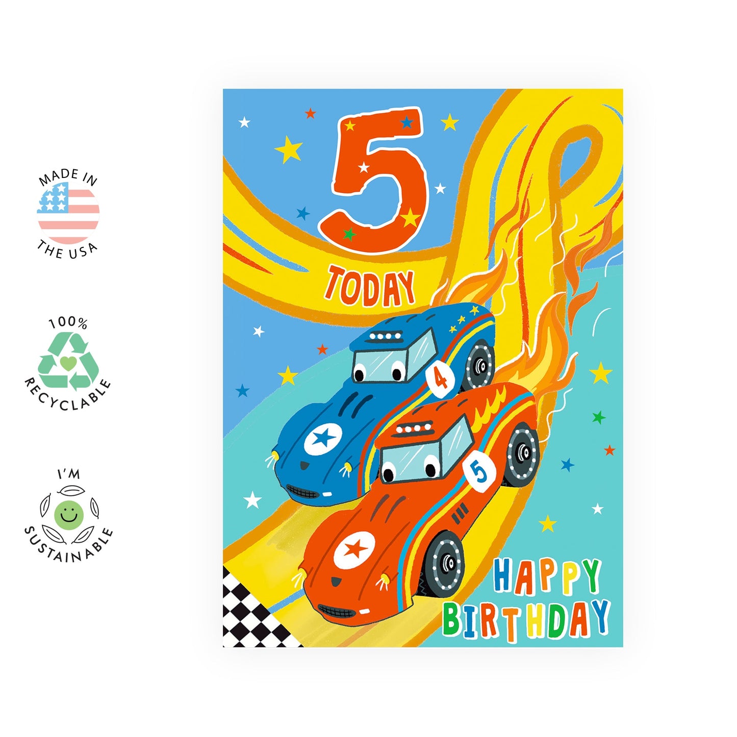 5th Birthday Card - Boy's Racer Car Card - Gifts for Five Year Old - Fifth Birthday - Comes With Fun Stickers - Made in UK