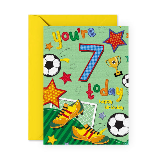 Seventh Birthday Card For Boys - Football Age 7 - Seven Year Old Kids Birthday Card - Happy 7th Birthday Greeting Card For Son - Nephew Grandson - Comes With Stickers