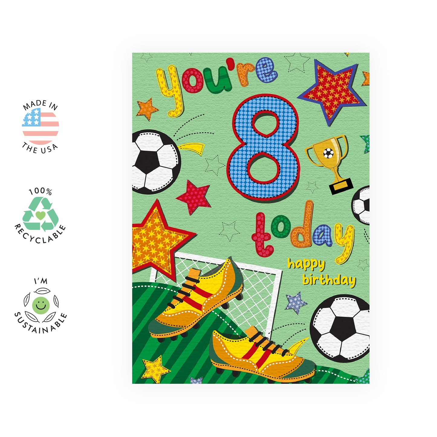 8th Birthday Card For Boys - Football Age 8 - Eight Year Old Gifts For Him - Happy 8th Birthday Card For Son - Kids Grandson Nephew - Comes With Stickers