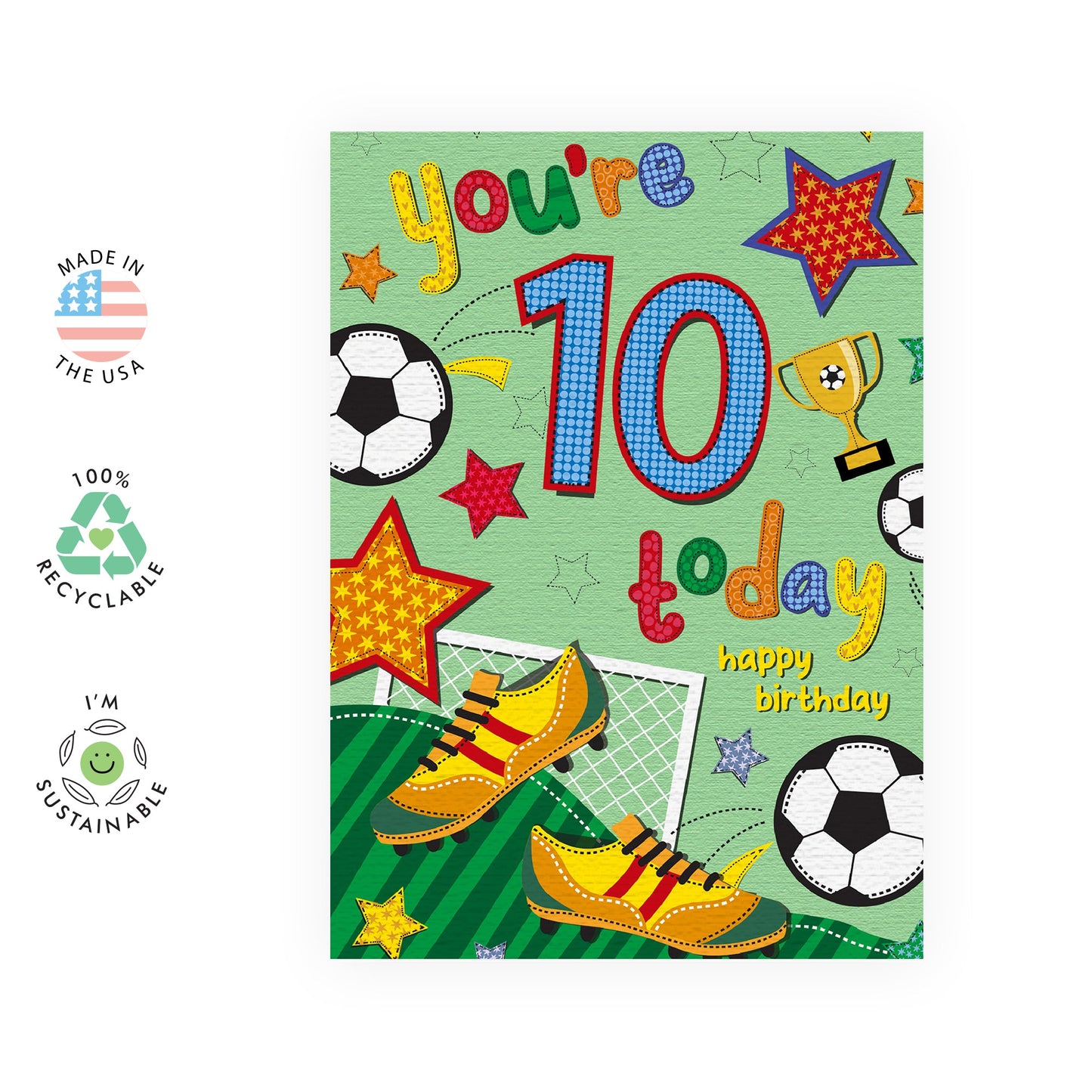 Tenth Birthday Card For Boys - Football Age 10 - Ten Year Old Son Birthday Card - Happy 10th Birthday Card For Kids - Gifts For Him - Grandson Godson - Comes With Stickers