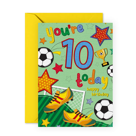Tenth Birthday Card For Boys - Football Age 10 - Ten Year Old Son Birthday Card - Happy 10th Birthday Card For Kids - Gifts For Him - Grandson Godson - Comes With Stickers