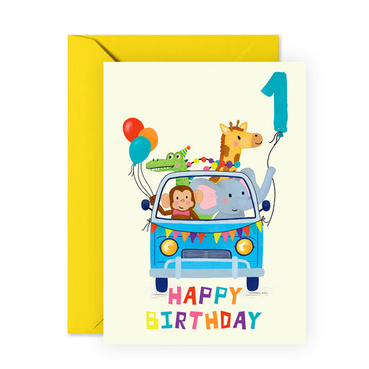 1st Birthday Card for Kids Grandson Nephew - 'BDAY Car Animals Age 1' - Happy First Birthday Card for Son - Milestone Baby Card - Comes With Stickers