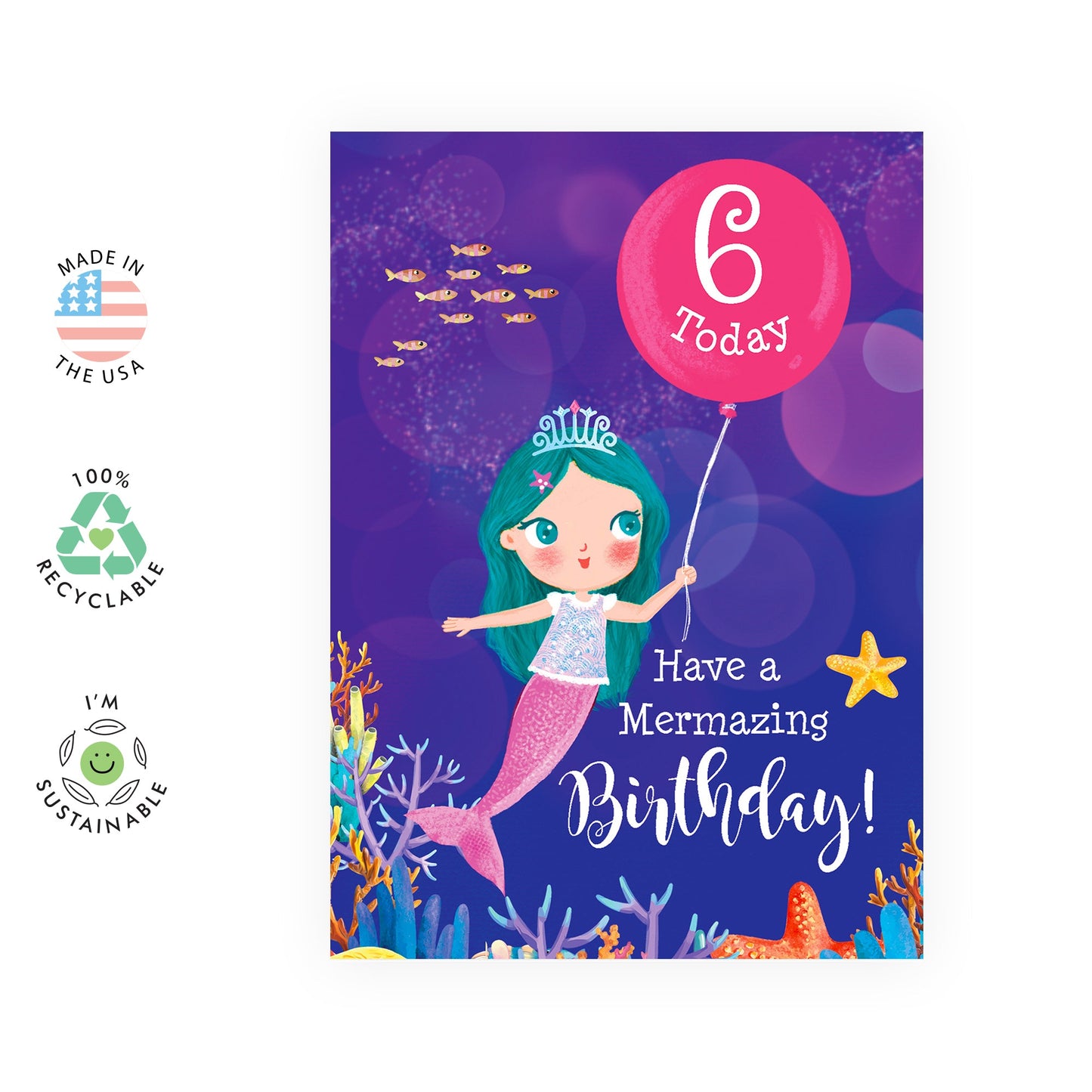 Sixth Birthday Card for Girls - Mermazing Mermaid 6th Bday - Six Years Old - Happy 6th Birthday Greeting Card for Girls - Kids - Daughters - Niece - Sister - Comes With Stickers