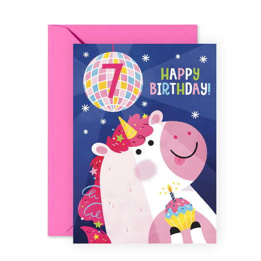 7th Birthday Card - Happy Birthday 7 Unicorn - For Kids Girls