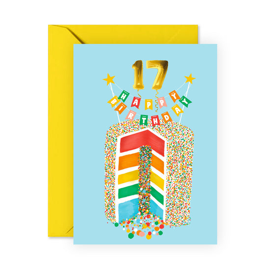 Happy Birthday Cards For Girls Age 17 - Teenager - Happy 17th Birthday Card For Daughter - Seventeenth Birthday Cards - Rainbow Cake - Comes With Fun Stickers - Made In Uk