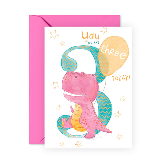 Third Birthday Card For Girl - Daughter Birthday Card Age Three - Milestone Baby Greeting Cards 3 Year Old - Dinosaur Birthday Card For Kids - Happy 3rd Bday - Comes With Fun Stickers