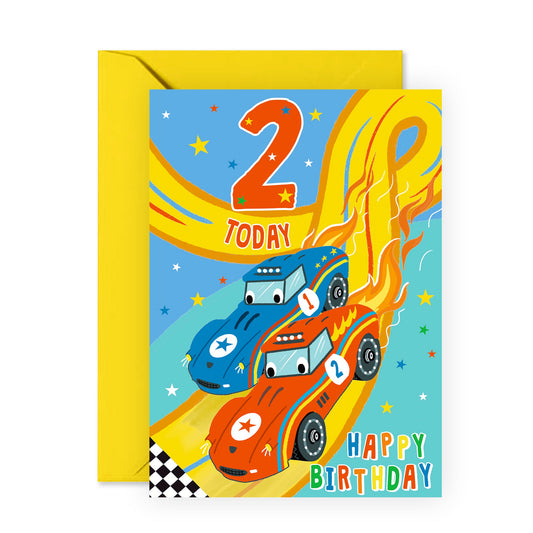 2nd Birthday Card - Milestone Baby Cards Age Two - Race Car - Son Birthday Card Two Year Old - Second Birthday Cards. -Gifts For Boys - Comes With Fun Stickers - Vegan Ink