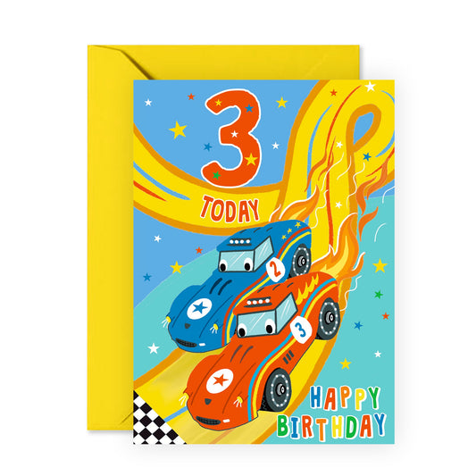 Greeting Card - Race Cars - 3rd Birthday for Boys , Recyclable, Includes Fun Stickers