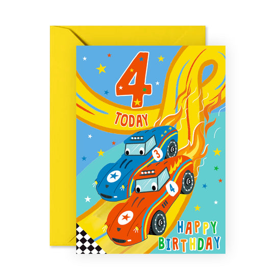 4th Birthday Card Boy - Racer Car Birthday Cards For Son Age Four - Milestone Baby Cards Four Year Old - Fourth Birthday Cards - Comes With Fun Stickers - Made in UK