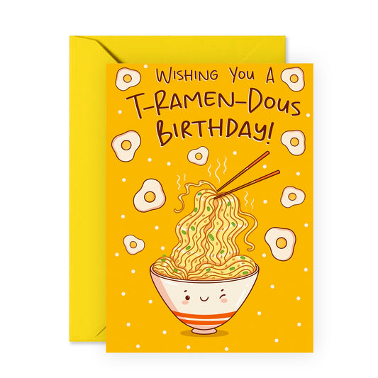 Funny Birthday Cards For Men Women - Wishing You A T-RAMEN-DOUS Birthday - Noodles - Asian Food Puns - Cute Greeting Cards For Daughter Grandson Girlfriends - Comes With Fun Stickers