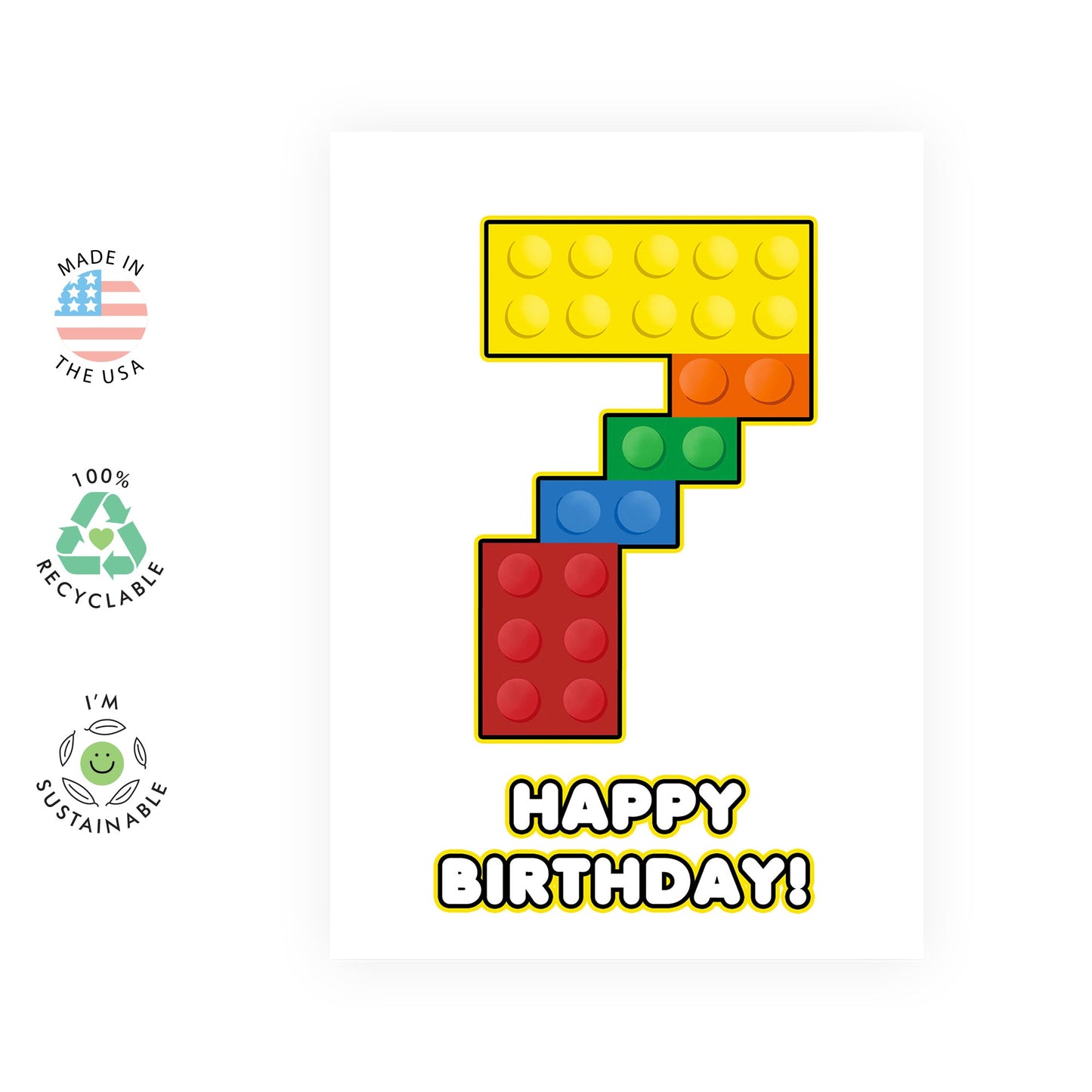 7th Birthday Card - 7 Building Block - Toddler Milestone Cards Age Seven Year Old - Seventh Birthday Cards - Building Block - Gifts For Boys Grandson Nephew - Comes With Sticker