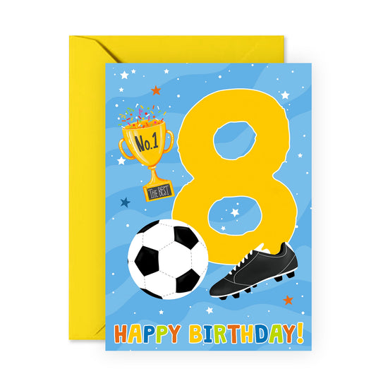 Eighth Birthday Card For Boys - Football Age 8 - Happy 8th Birthday Greeting Card For Kids - Eight Years Old - Football - Milestone Baby Cards Age Eight - Child - Comes With Sticker