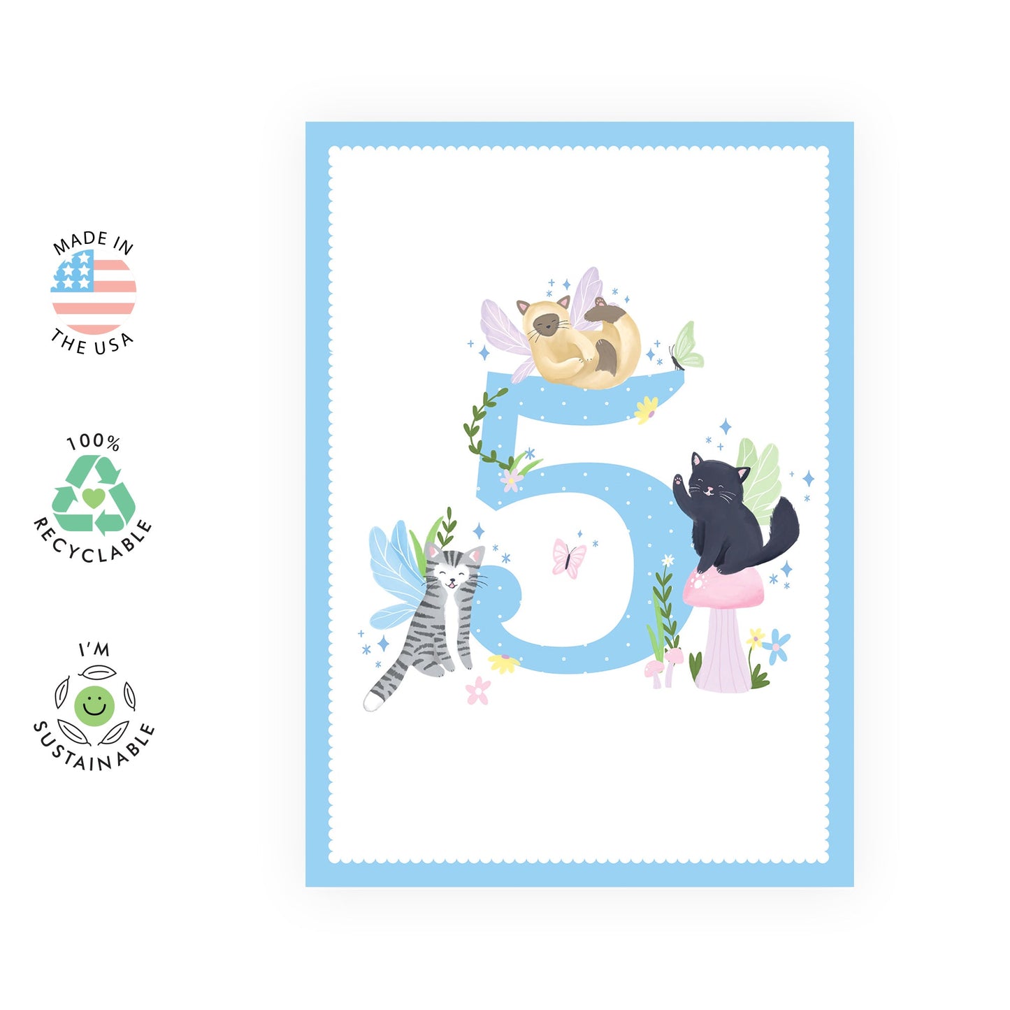 Birthday Card 5 Year Old Girl - Fairy Cat 5 Years - Happy 5th Birthday Card For Kids Five Years Old - 5th Bday - Gift For Daughter Granddaughter Sister Niece - Comes With Fun Stickers