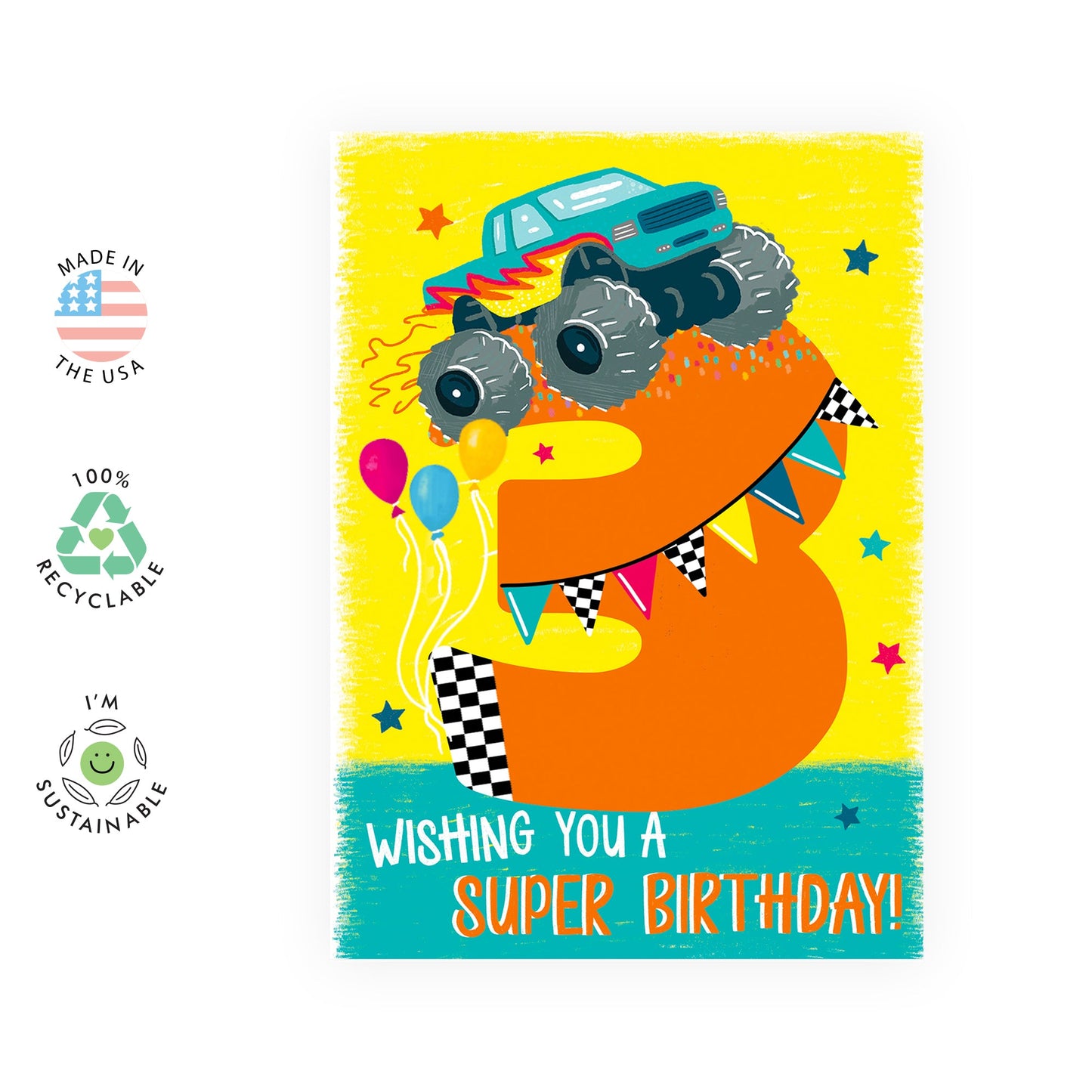 Three Years Old Boy Birthday Card - 3 Monster Truck Birthday - Birthday Cards Daughter - Happy 3rd Birthday Card - Gifts Son Nephew Grandson - From Mom Dad - Comes With Fun Stickers