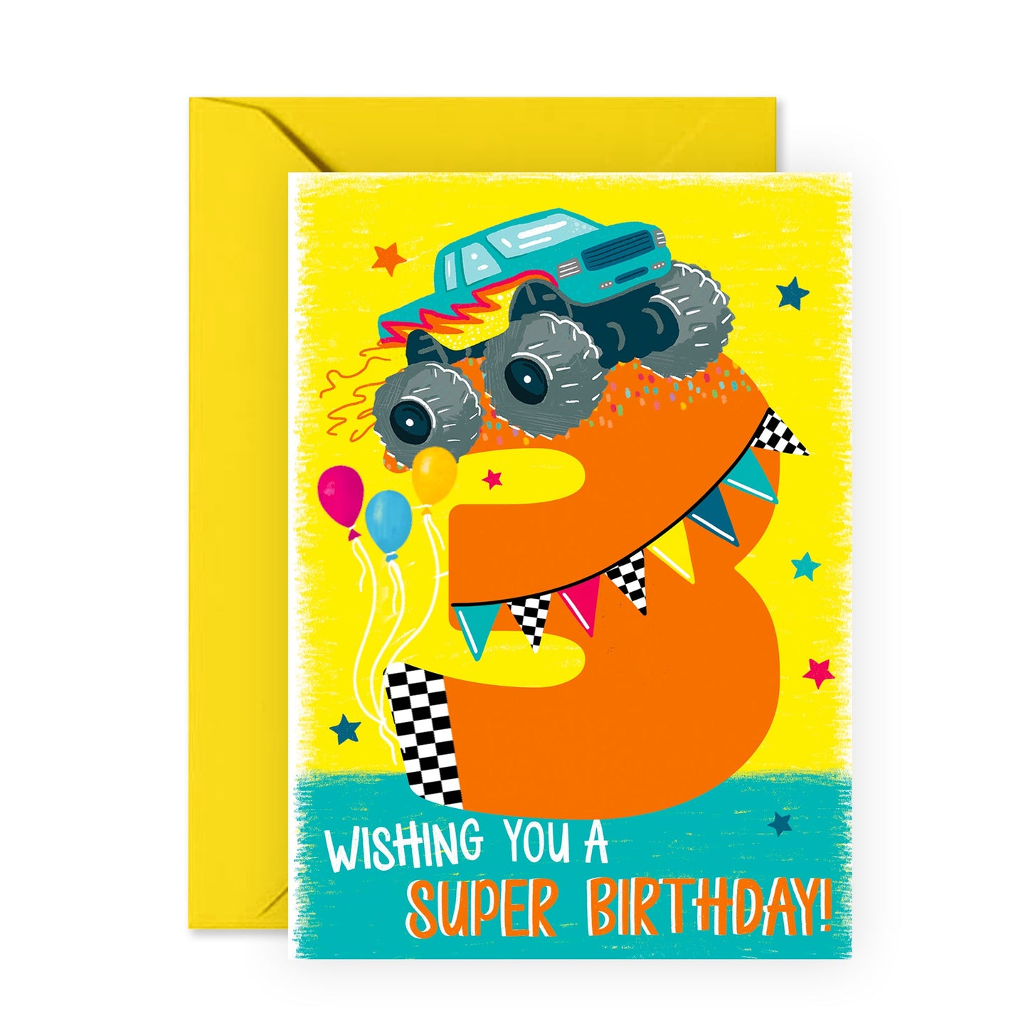 Three Years Old Boy Birthday Card - 3 Monster Truck Birthday - Birthday Cards Daughter - Happy 3rd Birthday Card - Gifts Son Nephew Grandson - From Mom Dad - Comes With Fun Stickers