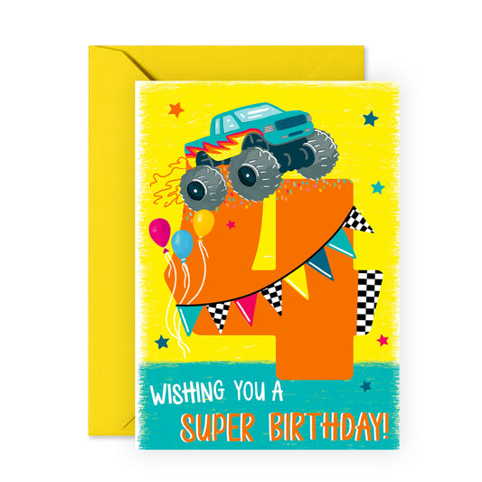 4 Year Old Boy Birthday Card - 4 Monster Truck Birthday - Happy Birthday Card Kids - Age Four - Animals Forth Bday - Gifts Son Nephew Grandson - From Mom Dad - Comes With Fun Stickers