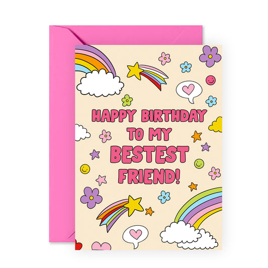 Friends Birthday Card - To My Bestest Friend - Bestie Bff - Doodle - Best Friend Birthday Card - Greeting Card Gifts for Women Her - Comes With Stickers
