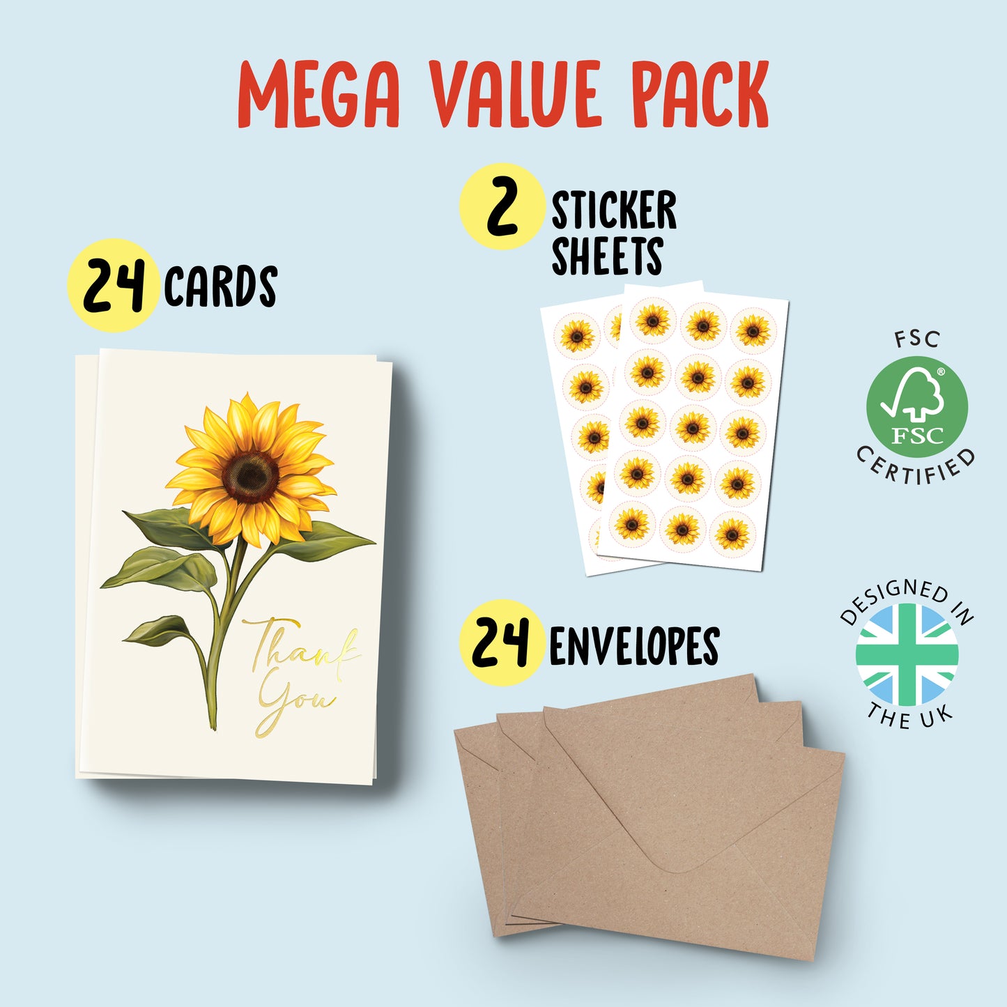 Foiled Thank You Cards Multipack - Sunflower Thank You Cards - Pack of 24 Cards