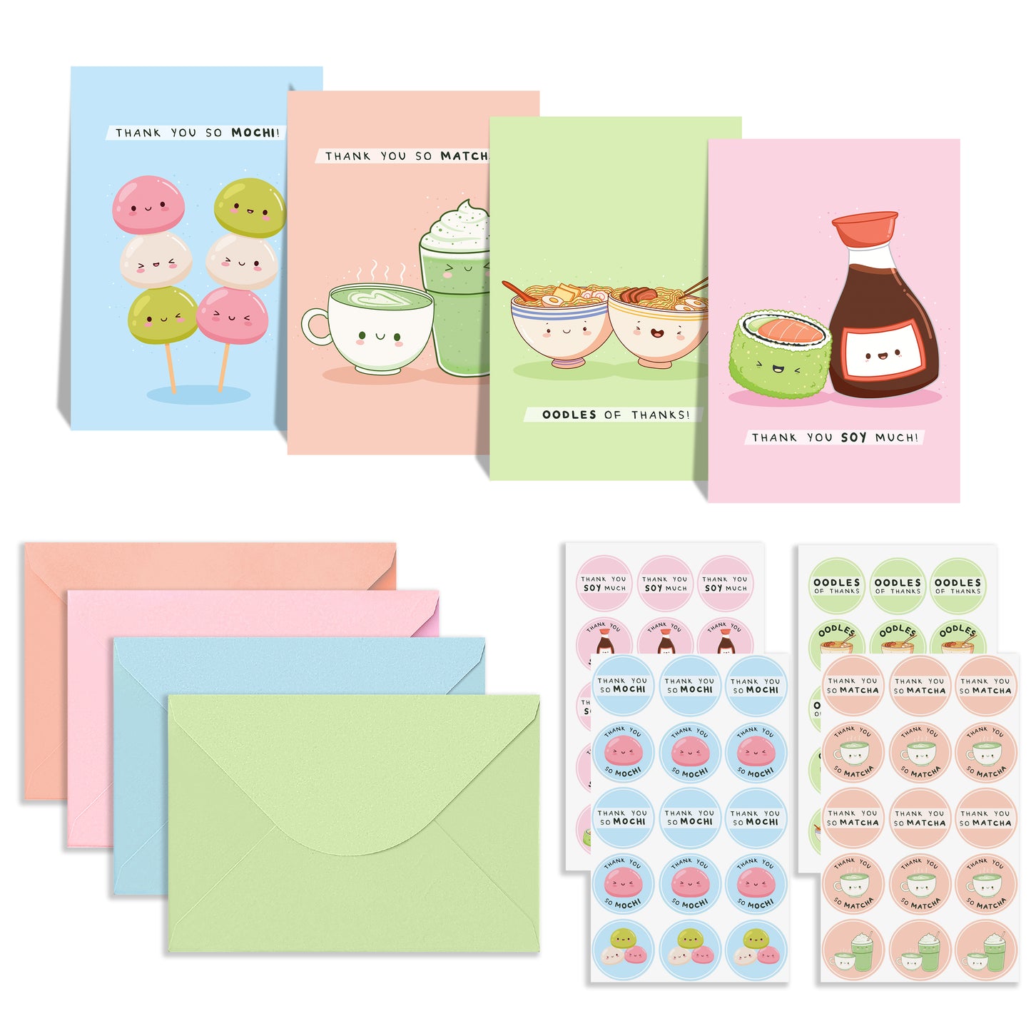 Thank You Cards Multipack - Cute Kawaii Cards - Pack of 48 cards 4 designs