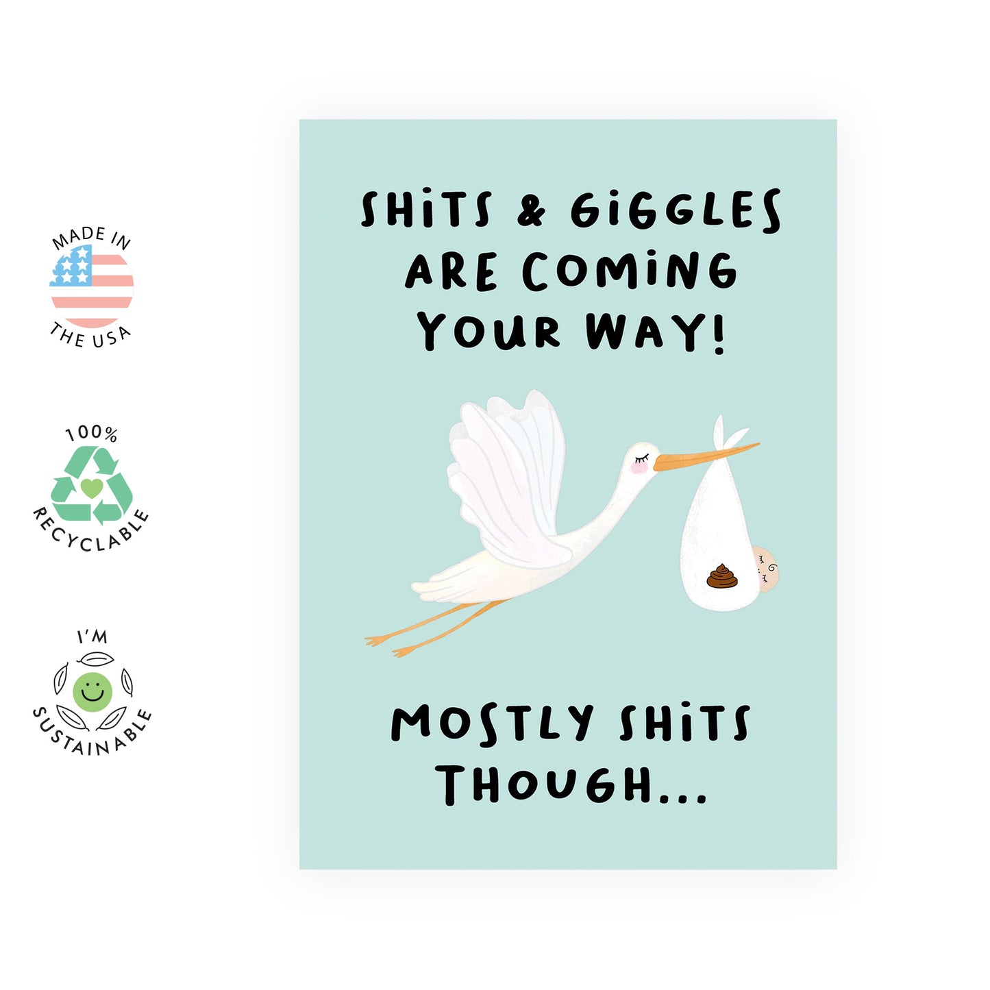 Baby Shower Card Funny - New Baby Shits And Giggles - Stork Bird - New Baby Card Boy Girl - Pregnancy Baby Cards Congratulations - Hilarious Gifts For Friends New Mom - Comes With Stickers By Central