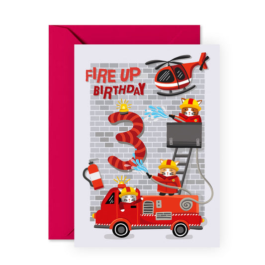3rd Birthday Card - Fire Truck & Helicopter - Happy 3rd Birthday Gift for Kids - Comes with Stickers