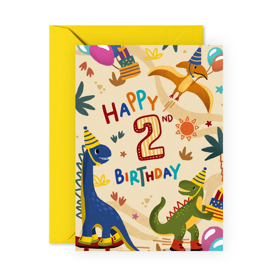 2nd Birthday Card For Kids - Happy Second Birthday - Dinosaur Birthday Card For Boys - 2 Year Old - Age Two - Gifts For Son Grandson Nephew - Comes With Stickers