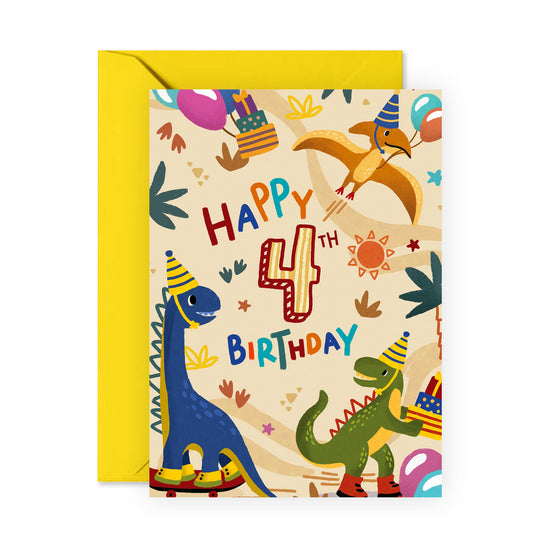 4th Birthday Card For Boys - Dinosaur Birthday Card For 4 Year Old - Happy Fourth Birthday Gifts For Kids - Greeting Cards For Son Grandson Brother - Comes With Stickers