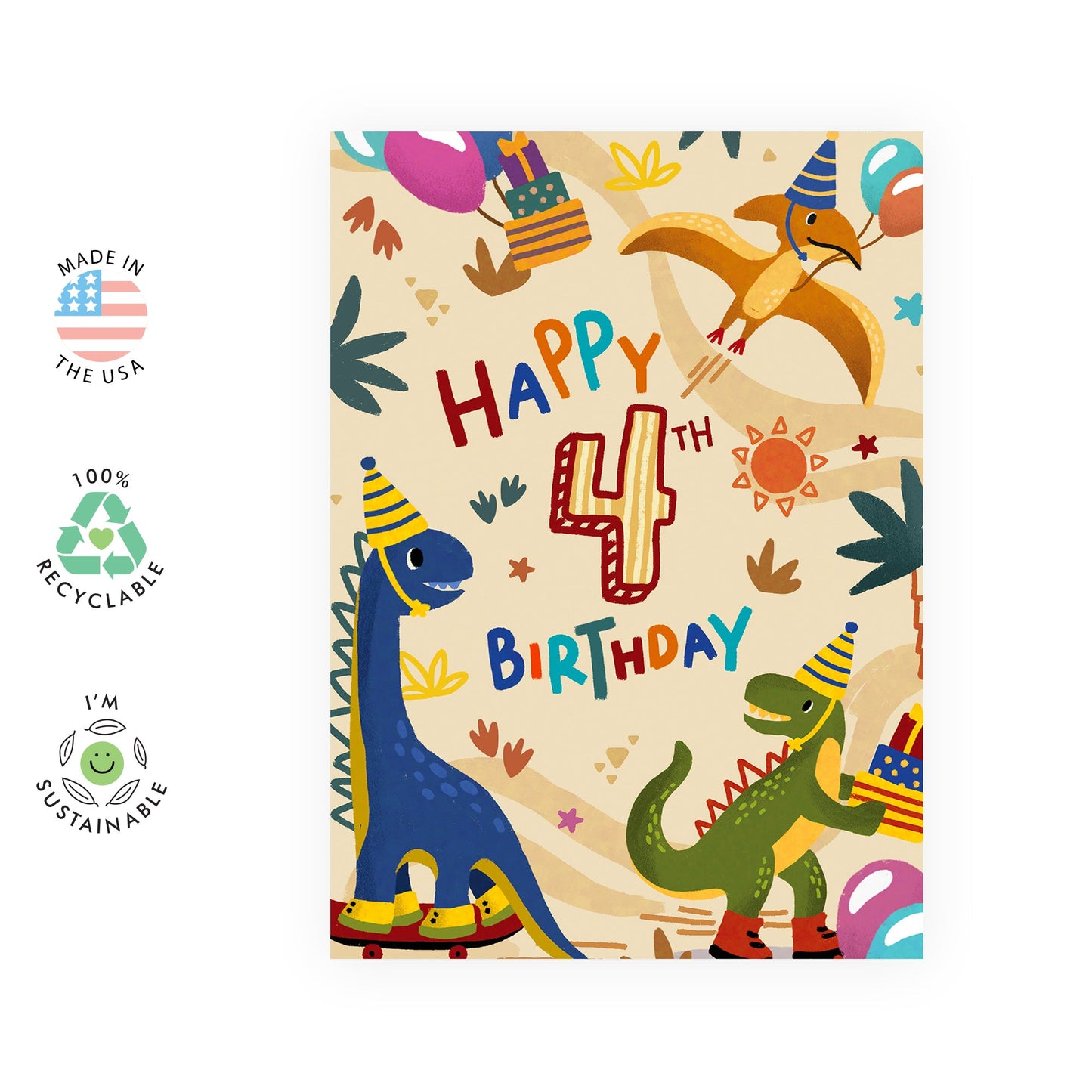 4th Birthday Card For Boys - Dinosaur Birthday Card For 4 Year Old - Happy Fourth Birthday Gifts For Kids - Greeting Cards For Son Grandson Brother - Comes With Stickers