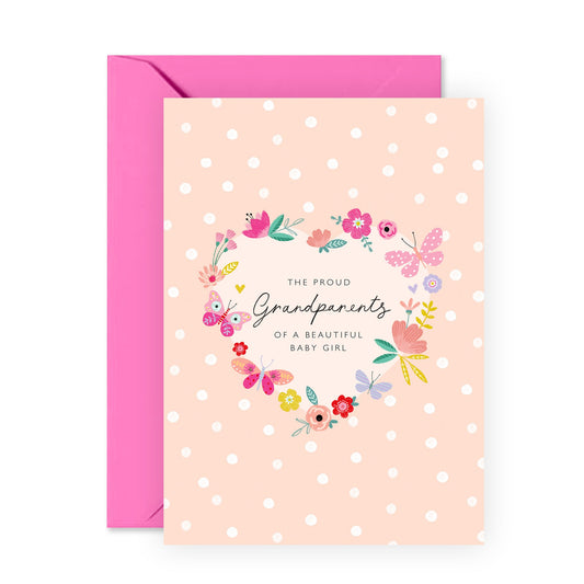 New Baby Card - Proud Grandparents Of A Beautiful Baby Girl - For Birth Of New Granddaughter - Baby Shower Girl - Congratulations Grandma Grandpa - Comes With Stickers