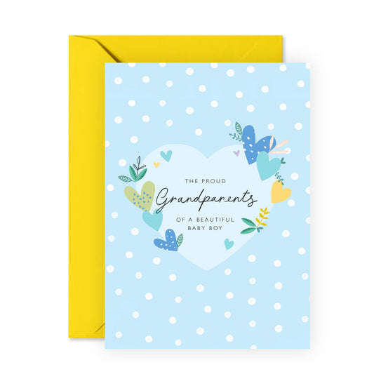 New Baby Card - Proud Grandparents Of A Beautiful Baby Boy - Welcome Home Card Grandson - Congratulations Congrats Grandma Grandpa - Baby Shower Boy - Comes With Stickers