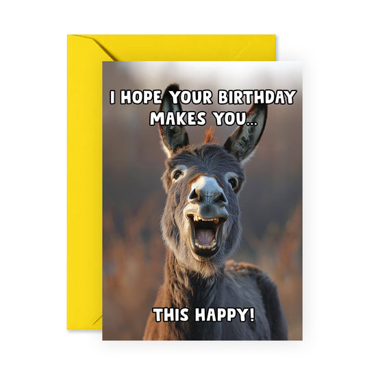 Funny Donkey Birthday Card - 'Cute Donkey Happy' - Gifts for Friends, Him, Her, Besties, Buddies, Pals, Family, Colleagues, Coworkers - Comes with Fun Stickers