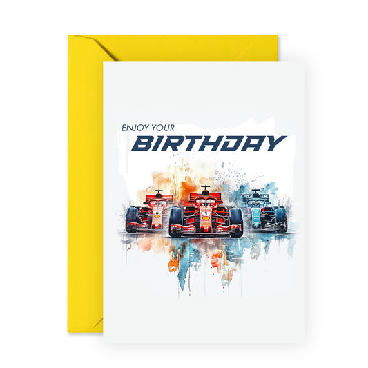 Birthday Greeting Card - 'F1 BIRTHDAY' - Perfect for Celebrating with a High-Speed Formula 1 Design - Ideal for Adding a Touch of Excitement and Joy to Any Birthday - Comes With Stickers