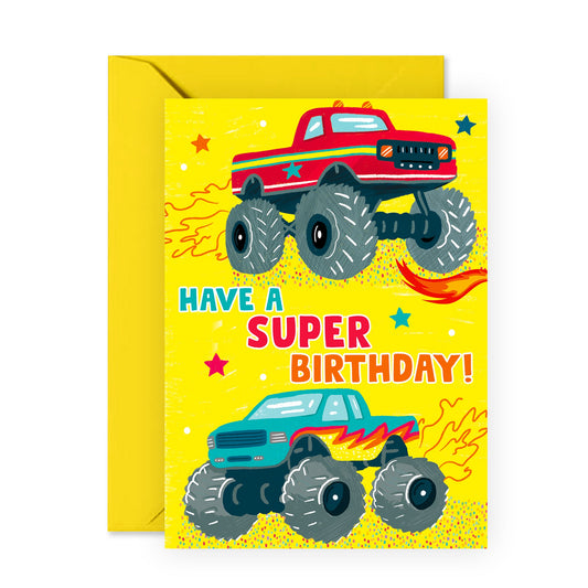 Birthday Greeting Card - 'SUPER MONSTER TRUCKS' - Perfect for Revving Up the Fun on Any Birthday Occasion - Ideal for Kids, Boys, Girls, and Boys Truck Lovers - Comes with Stickers