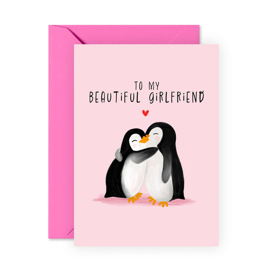 Girlfriend Birthday Card - To My Beautiful Girlfriend Penguin - Cute Anniversary Card For Her - Valentines Day Card For Couple Partner Fiancee - Comes With Stickers