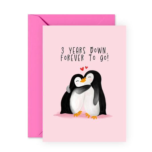 3rd Wedding Anniversary Card For Couple - 3 Years Down, Forever To Go - Penguin Anniversary Card For Husband Wife Boyfriend Girlfriend - 3 Year Anniversary - Comes With Stickers