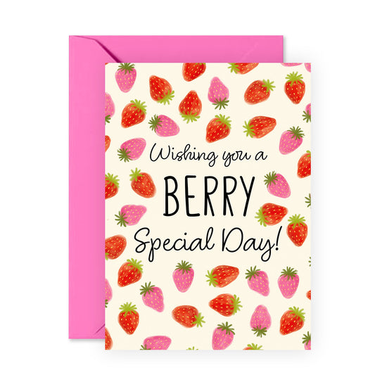 Berry Wish Birthday Card - 'Strawberry Day' - Gifts for Friends, BFF, Aunt, Family, Cousin, Colleagues, Girlfriend, Relatives, Sister - Fruity - Comes with Fun Stickers