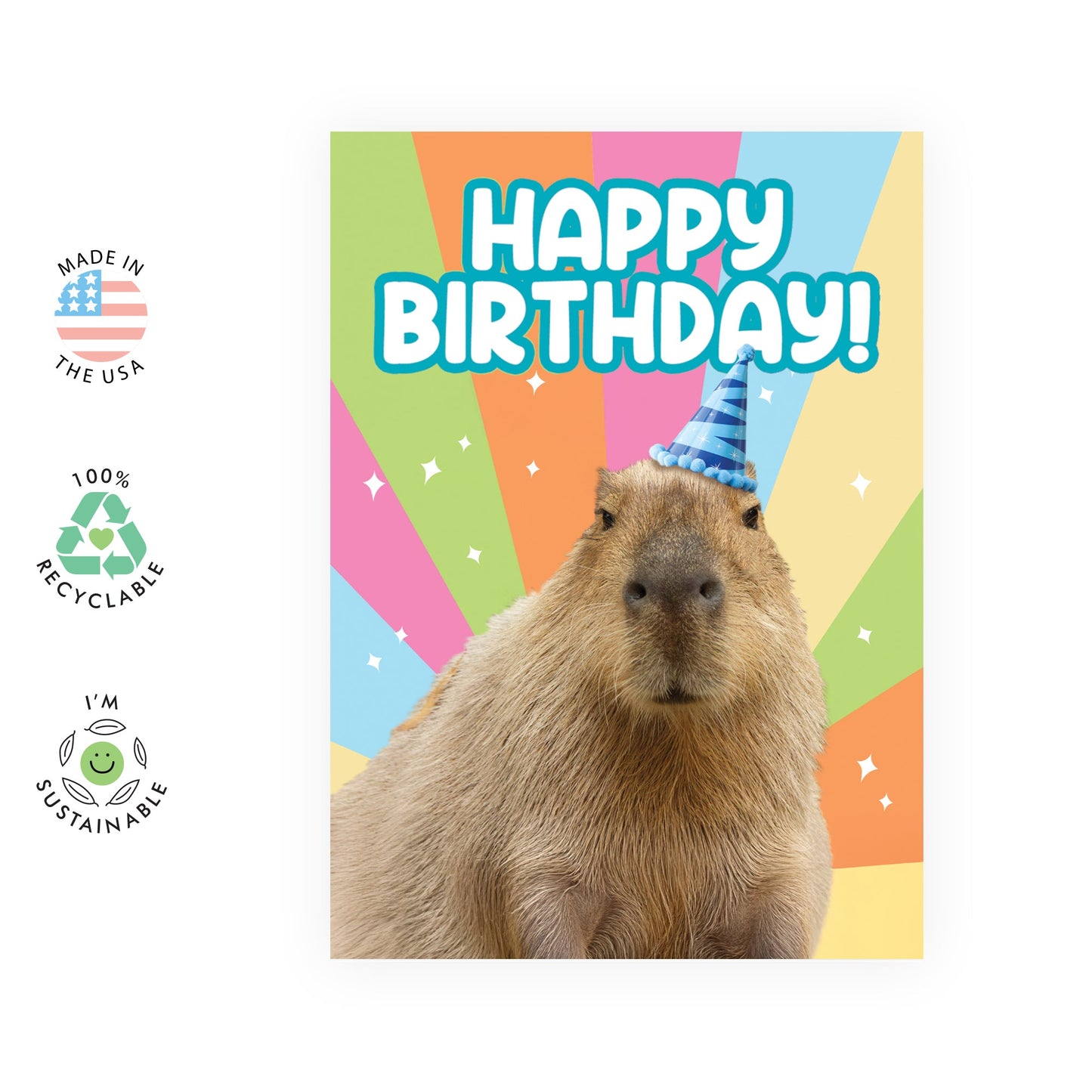 Happy Birthday Card For Men Women - Capybara Wearing Party Hat - Funny Birthday Cards For Her - Greeting Cards For Mom Sister Niece Grandma Aunt - Comes With Stickers