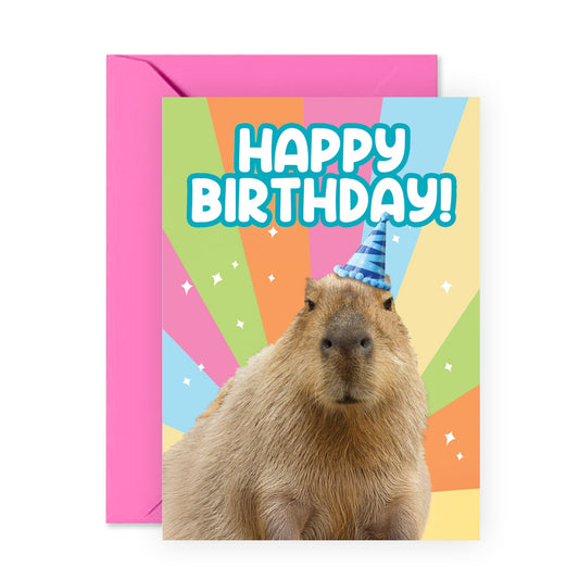 Happy Birthday Card For Men Women - Capybara Wearing Party Hat - Funny Birthday Cards For Her - Greeting Cards For Mom Sister Niece Grandma Aunt - Comes With Stickers