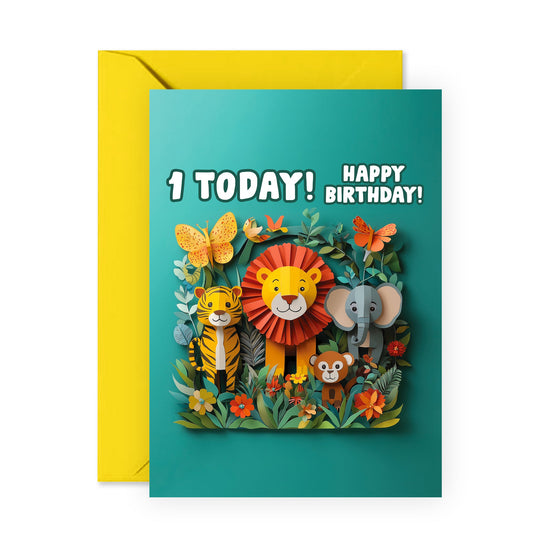 1st Happy Birthday Card - '2D Safari Age' - Gifts for Baby Boys, Sons, Girls, Toddlers, Kids, Children, Family - Smiling Animals - Comes with Fun Stickers