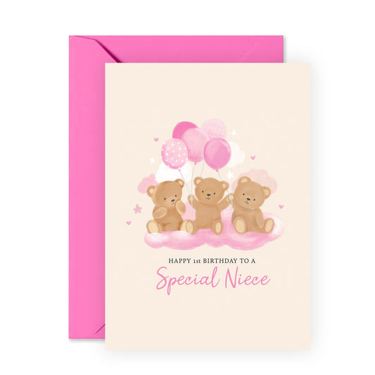1st Birthday Card for Girls - 'Teddy Niece 1st Birthday' - Presents for Baby Girl, Toddler, Niece from Aunties & Uncles - Bears and Balloons - Comes with Fun Stickers