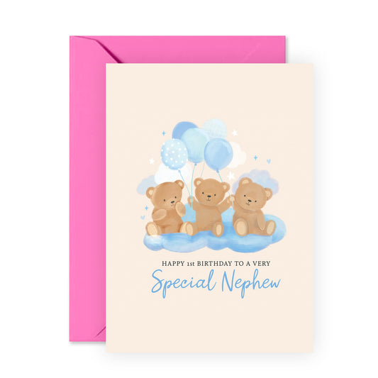 1st Birthday Baby Boy Card - 'Teddy Nephew Birthday' - Gifts for Babies, Kids, Children, Toodler from Uncle and Aunties - Toddlerhood - Comes with Fun Stickers