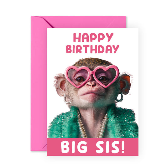 Big Sister Birthday Card Funny - Big Sis Monkey - Monkey Birthday Cards For Older Sister - Hilarious Gifts For Her Women - Comes With Cute Stickers