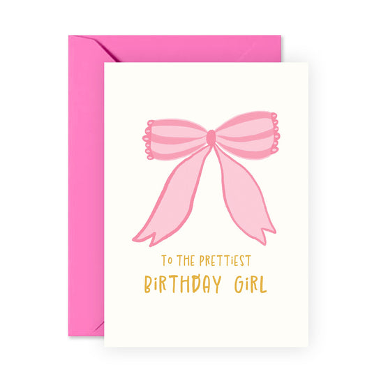Cute Pink Bowtie Birthday Card - 'Prettiest Birthday Girl' - Gifts for Daughter, Niece, Granddaughter, Cousin, Little Sister, Kids - Pretty - Comes with Fun Stickers