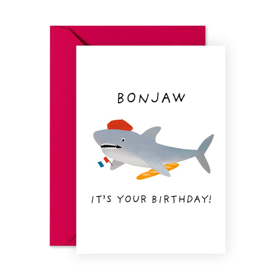 Saying Bonjour Birthday Card - 'Bonjaw' - Gifts for Friends, Coworkers, Colleagues, Partner, Him, Her - Shark and French Baguette Bread - Comes with Fun Stickers