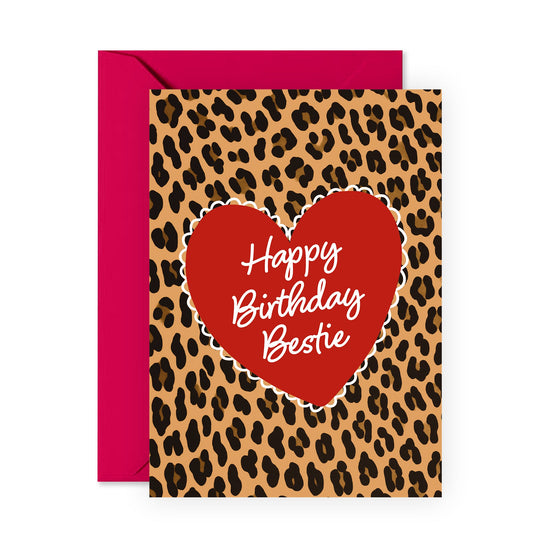 Birthday Card Classic Leopard Spots Design - 'Happy Birthday Bestie Leopard' - Gifts for Her, BFF, Sister, Women - Red Heart - Comes with Fun Stickers
