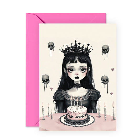Gothic Birthday Card - 'Goth Princess Birthday Skulls' - Gifts for Friends, Colleague, Sister, Her - Black - Comes with Fun Stickers