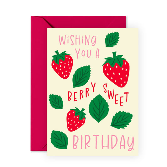 Strawberry Birthday Card for Her or Him - 'Berry Sweet Birthday' - Gifts for Friends, BFF, Bestie, Cousin, Colleague, Coworker - Berries - Comes with Fun Stickers