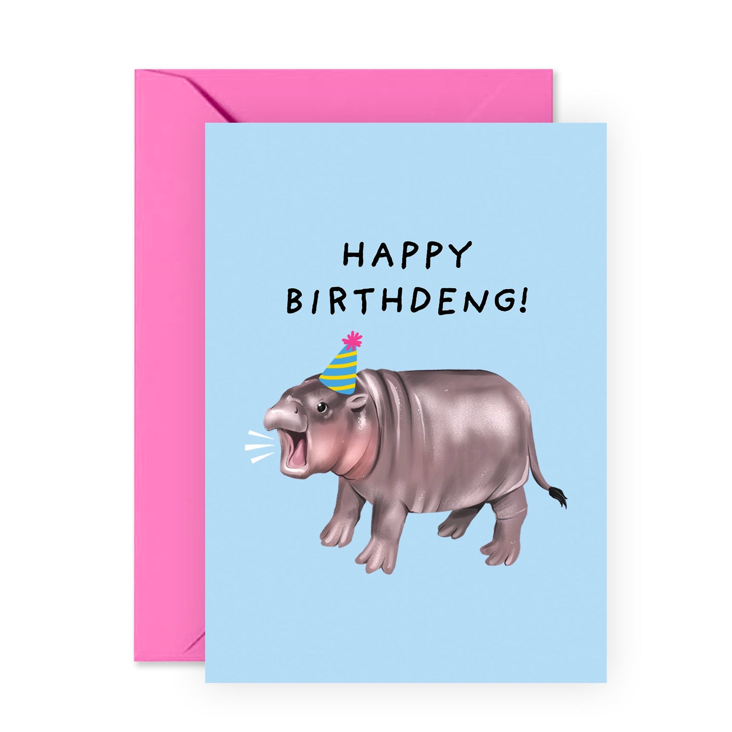 Adorable Birthday Card Moo Deng Hippo - 'Happy Birthday Deng' - Gifts for Him, Her, Coworker, Sister, Brother, Friends, Niece, Nephew - Baby Hippo - Comes with Fun Stickers