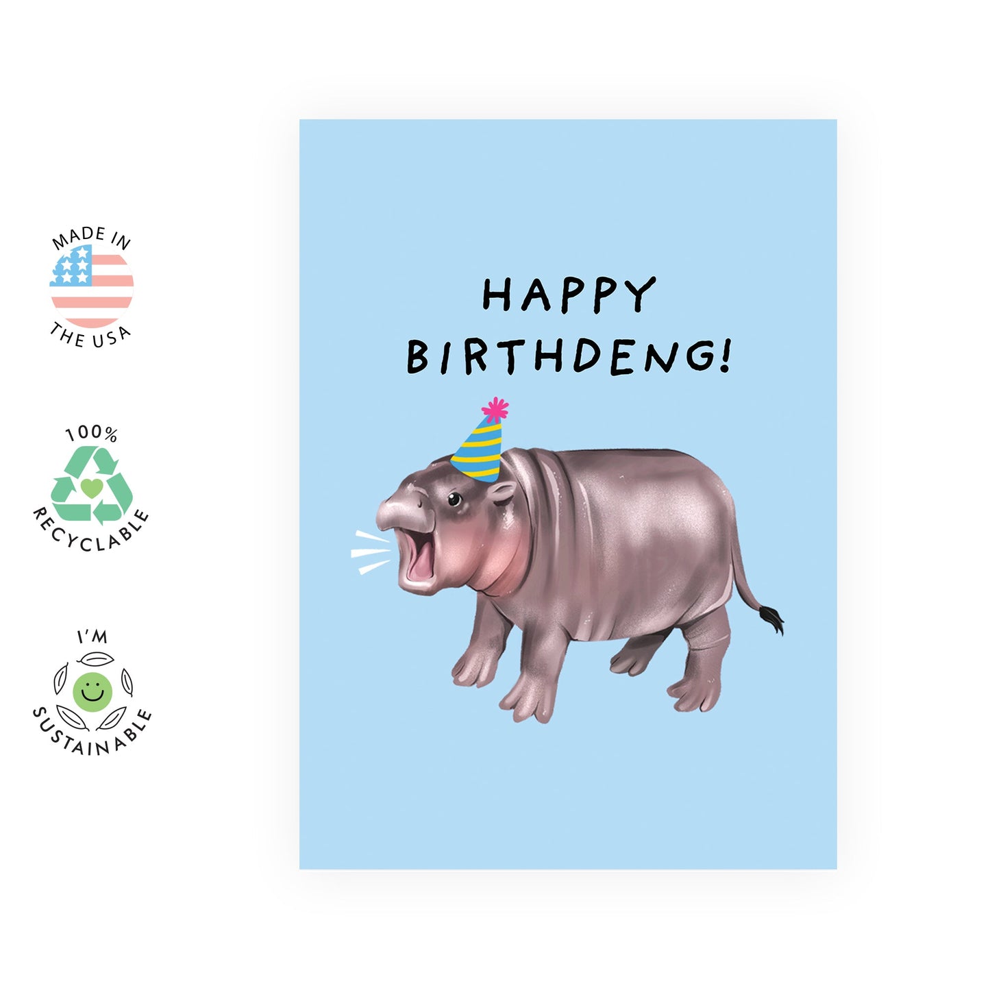 Adorable Birthday Card Moo Deng Hippo - 'Happy Birthday Deng' - Gifts for Him, Her, Coworker, Sister, Brother, Friends, Niece, Nephew - Baby Hippo - Comes with Fun Stickers