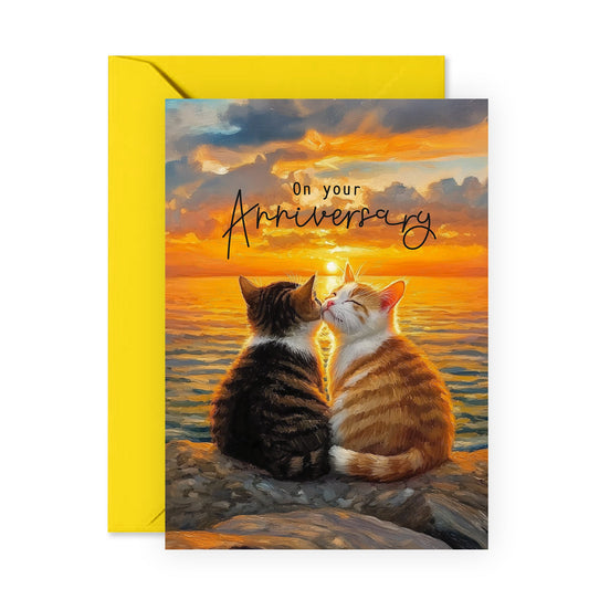 On Your Anniversary Card - Romantic Cats at Sunset Design -For Them, Sis, Bro, Other Couples, Friends, or Special Loved Ones - Celebrate Love and Milestones - Blank Inside